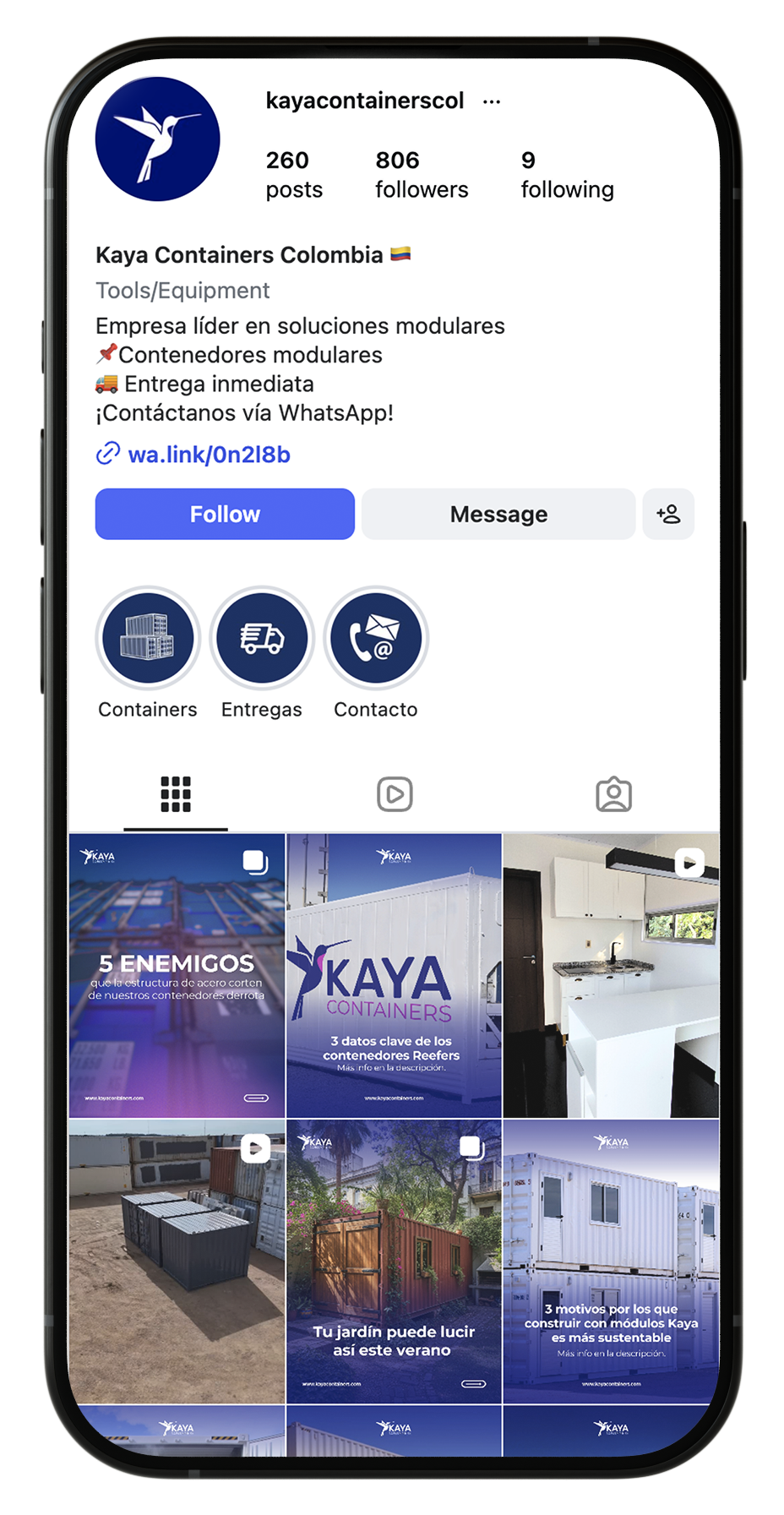Profilo Instagram di Kaya Containers Colombia