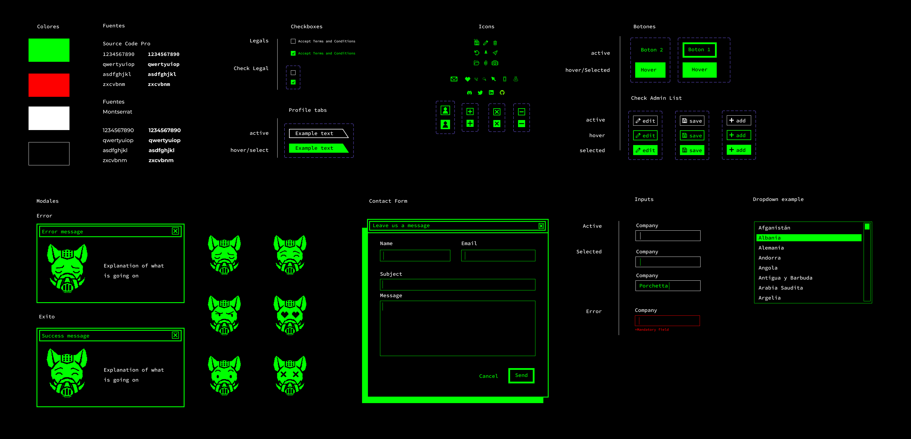 Design system di Porchetta Industries: palette, tipografia, bottoni, icone, modali, form e input